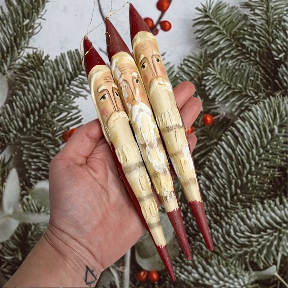 4 vintage wood santa christmas ornaments